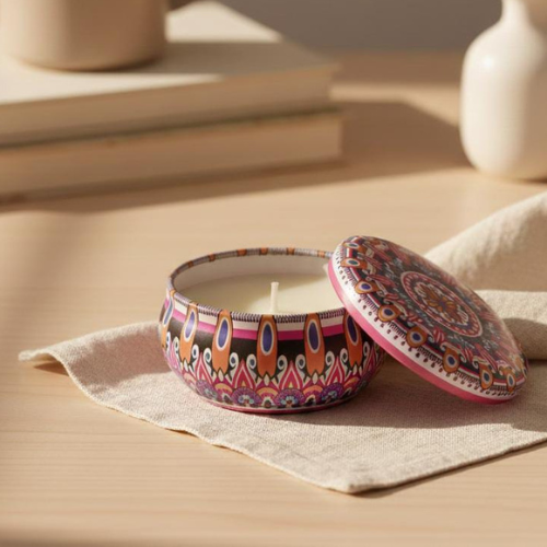 Bohemian Decorative Mandala Tin Scented Soy Candle | Perfect Small Gift (Pack of 2)