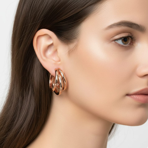 Rose Gold Triple Hoop Earrings for Women | Elegant Chunky Statement Stud Hoops
