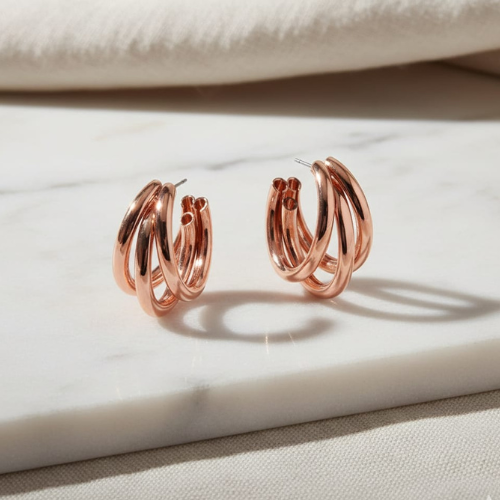 Rose Gold Triple Hoop Earrings for Women | Elegant Chunky Statement Stud Hoops