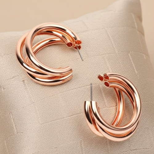 Rose Gold Triple Hoop Earrings for Women | Elegant Chunky Statement Stud Hoops