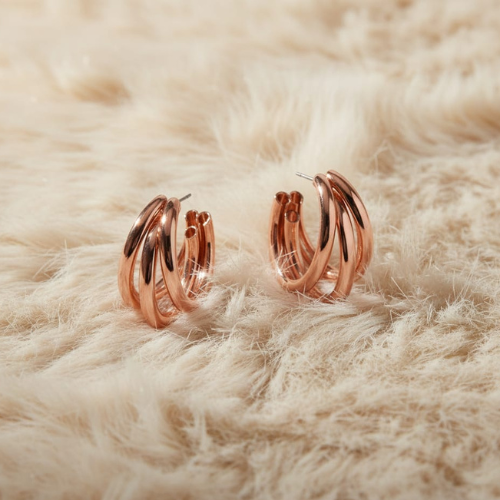 Rose Gold Triple Hoop Earrings for Women | Elegant Chunky Statement Stud Hoops