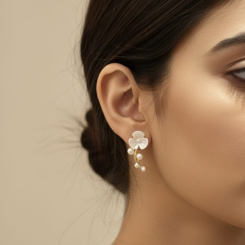 Gold Finish Floral Pearl Earrings for Women | Korean Minimal Earrings
