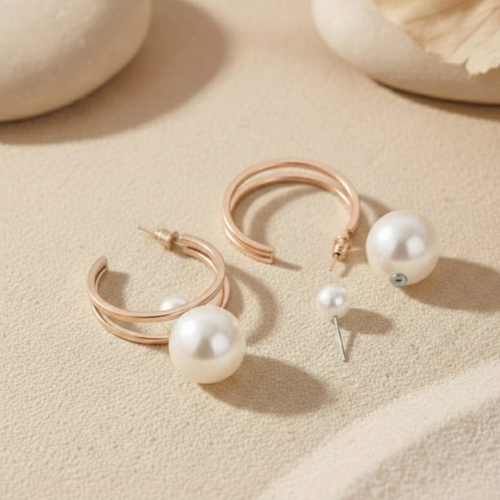 Anti Tarnish Stainless Steel Pearl Detachable Hoop Earrings for Women – 4 Way Wear