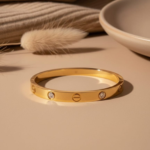 Cartier Inspired Screw Motif Stainless Steel Bracelet with Stone Detailing