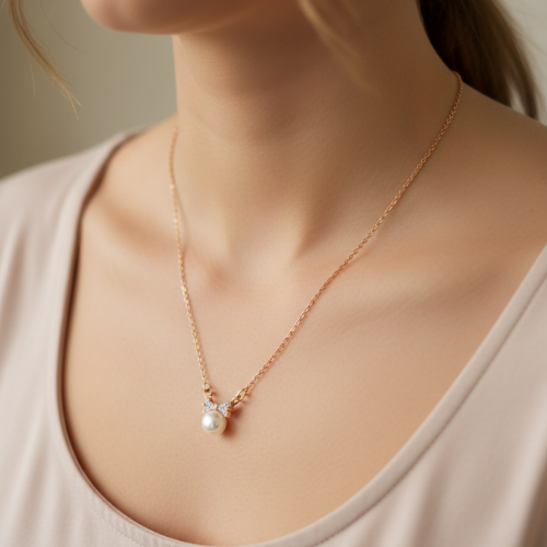Pearl Nest Rose Gold Necklace | Anti Tarnish Bow Pendant with Pearl