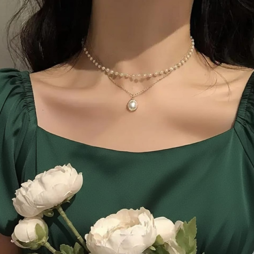 Layered Pearl Pendant Necklace – Elegant Double Layer Gold Chain Jewellery