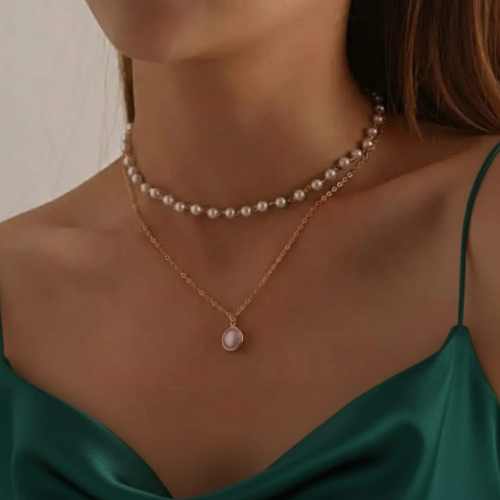 Layered Pearl Pendant Necklace – Elegant Double Layer Gold Chain Jewellery