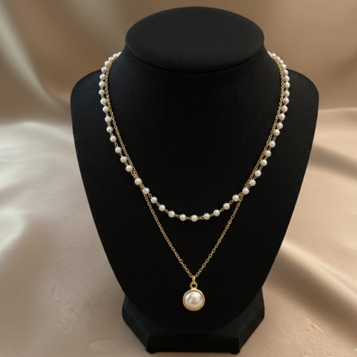 Layered Pearl Pendant Necklace – Elegant Double Layer Gold Chain Jewellery