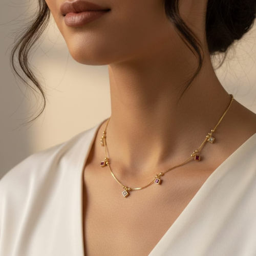 Gold Charm Necklace with Crystal Accents – Minimal Elegant Dainty Jewellery
