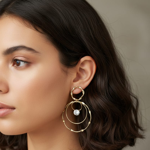 Layered Gold Hoop Earrings with Crystal Drop – Statement Dangle Earrings