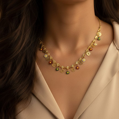 Golden Charm Floral Necklace – Multicolor Stone Heart & Daisy Pendant Chain