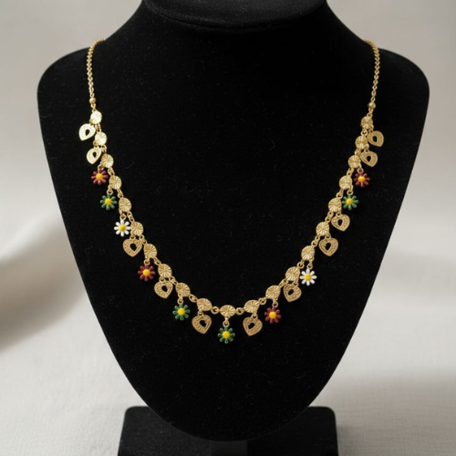 Golden Charm Floral Necklace – Multicolor Stone Heart & Daisy Pendant Chain