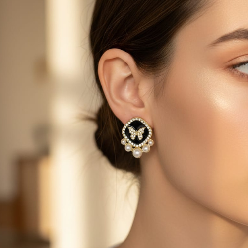 Butterfly Pearl Stud Earrings – Elegant Black & Gold Statement Jewellery