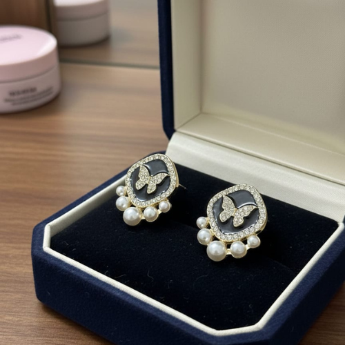 Butterfly Pearl Stud Earrings – Elegant Black & Gold Statement Jewellery