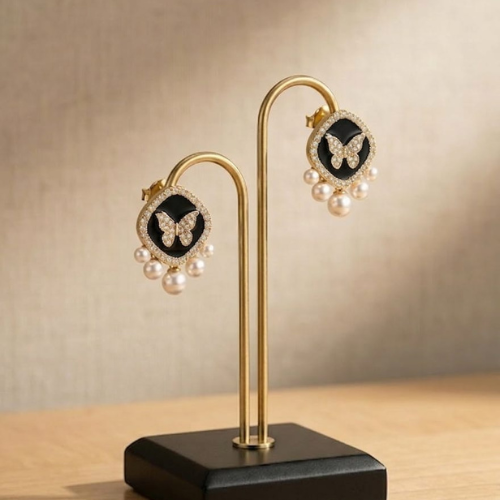 Butterfly Pearl Stud Earrings – Elegant Black & Gold Statement Jewellery