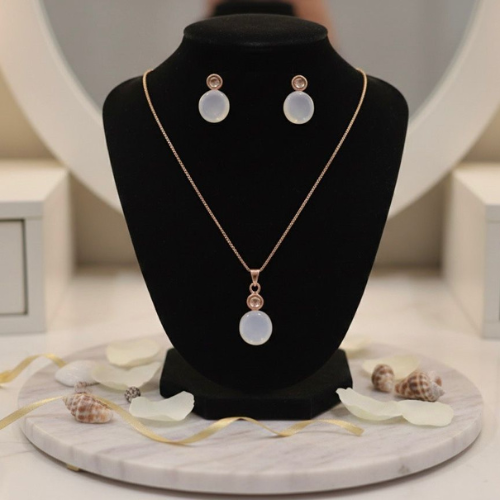 Moonstone Drop Necklace & Stud Earrings Set – Minimal Gold Finish