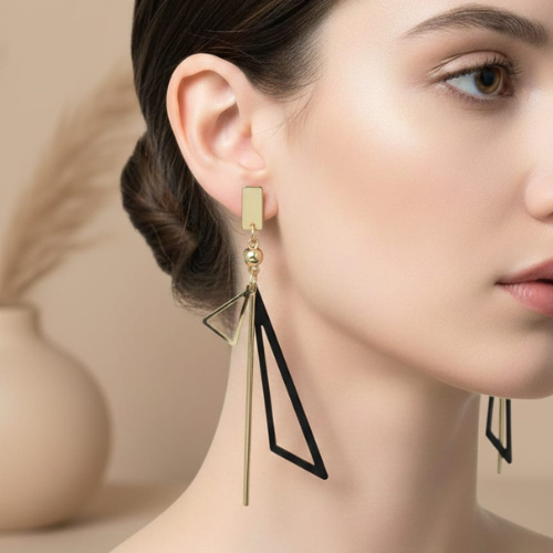 Geometric Gold and Black Multi-Element Earrings