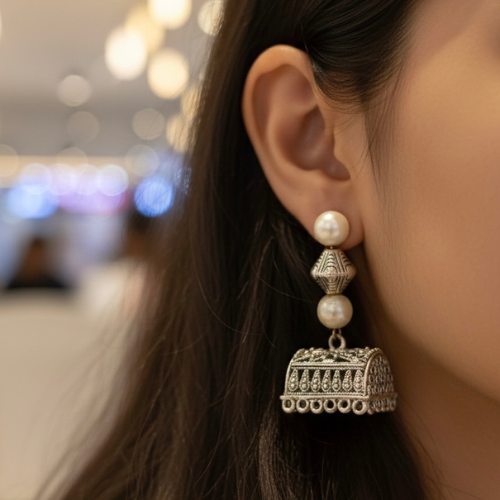 Oxidised Pearl Jhumka Earrings - Antique Silver Statement Jewellery