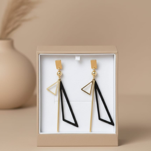 Geometric Gold and Black Multi-Element Earrings